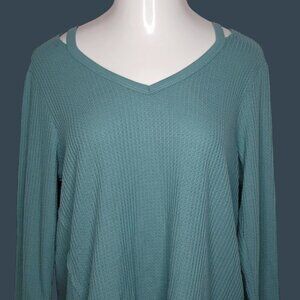 Democracy Womens Top L Waffle-Knit V-Neck Long-Sleeve Hi-Lo Pullover
